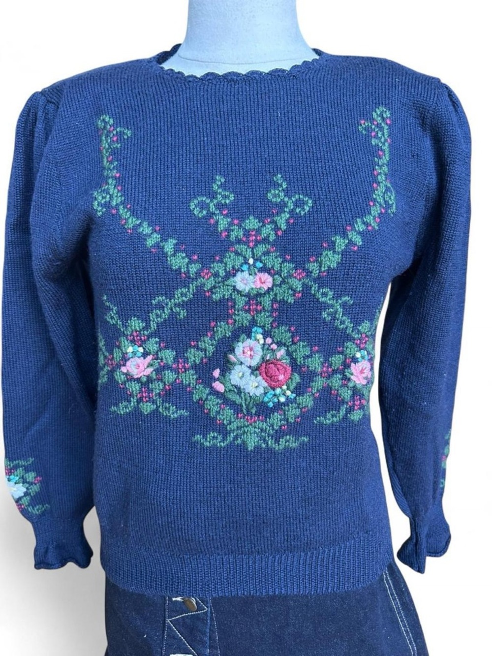Vintage Floral Embroidered Navy Sweater - Women's Knit Pullover